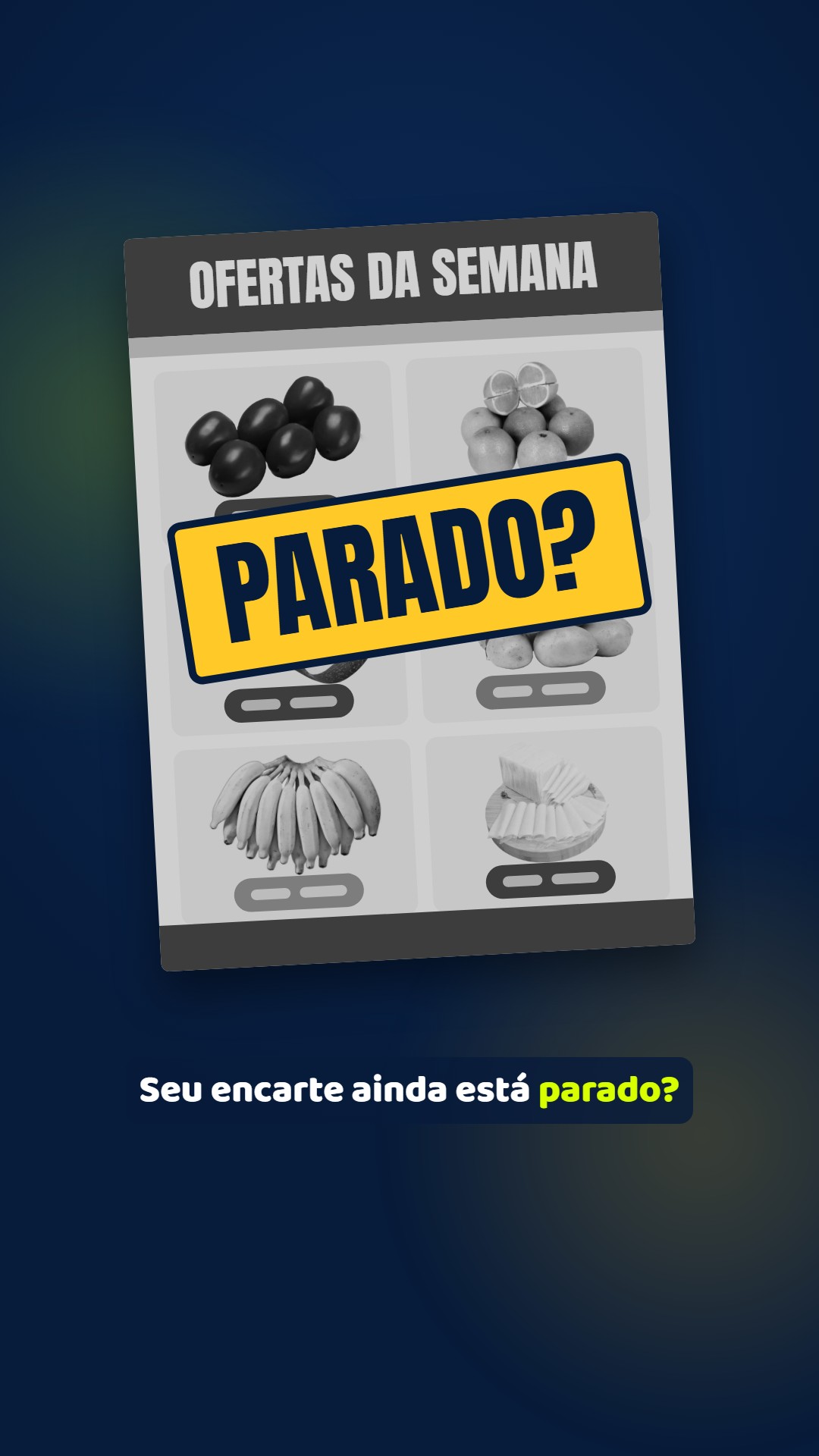 Encarte de ofertas parado, em preto e branco